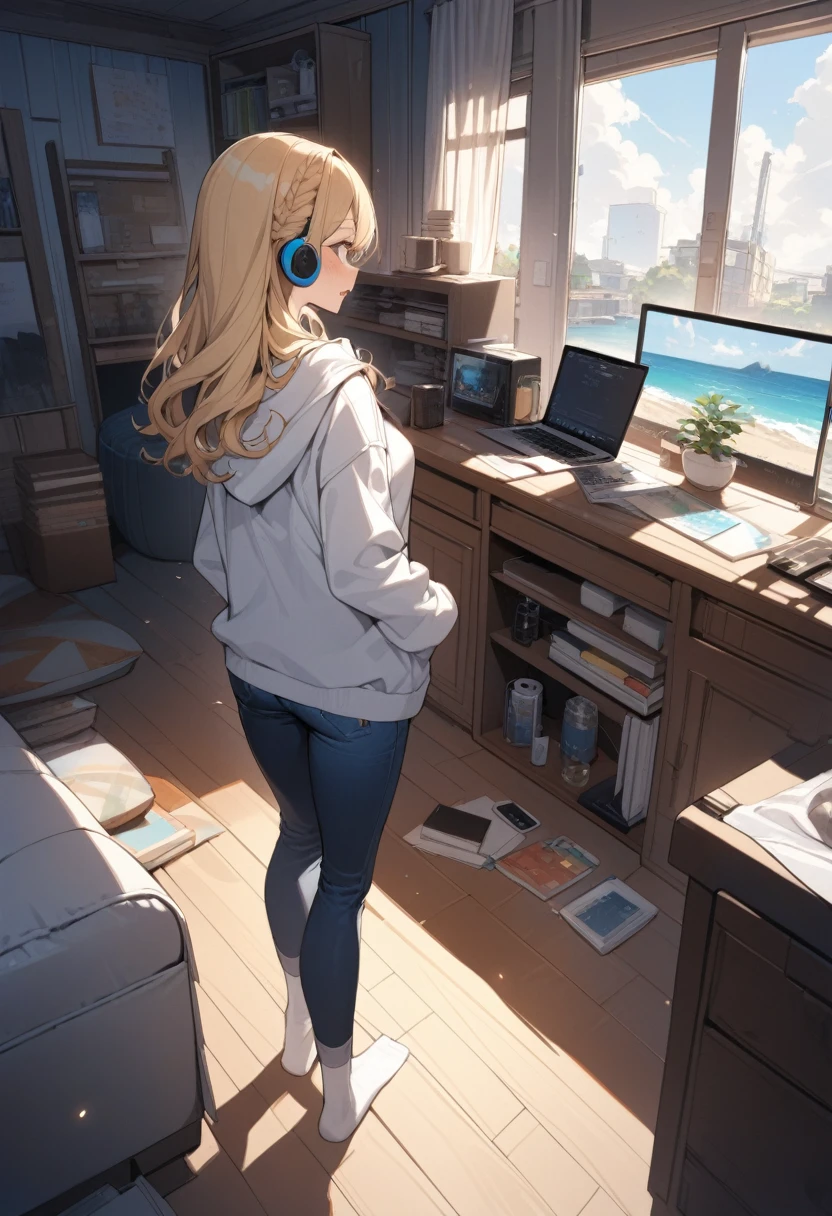 masterpiece, best quality, extremely detailed, ultra detailed, flat anime, 2D,
1girl, (young adult:1.2),blonde hair, (semi-long hair:1.2), curly hair, french braid, medium breasts, tsurime, height 1.7meters, 
white hooded sweatshirt, jeans,  earring,bracelet, long sleeves, ((Bluetooth small earphone)),socks,
Back view of a laptop computer,Operating a laptop computer,
from behind, full body, ((looking back)), open mouth, looking at another,
summer, livingroom, 12AM., standing