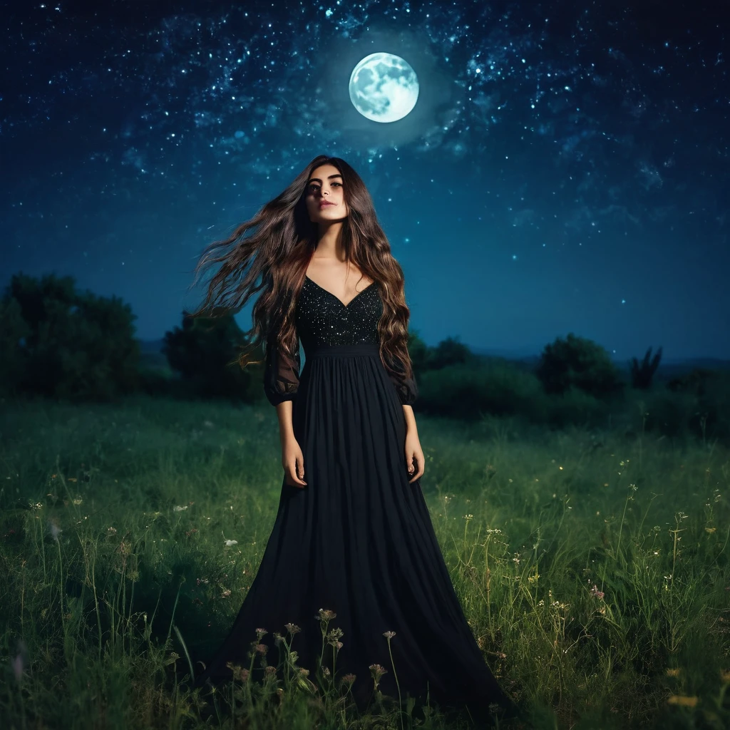 beautiful lebanese girl with a very long hair wearing black dress standing in the meadow in moon light, looking to the stars, psychedelic, dreamy, cinematic
