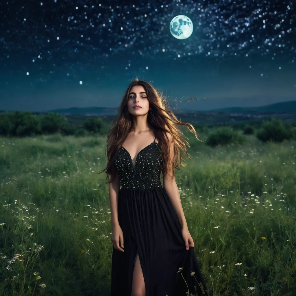 beautiful lebanese girl with a very long hair wearing black dress standing in the meadow in moon light, looking to the stars, psychedelic, dreamy, cinematic