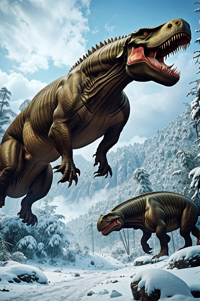 Tyrannosaurus and Mamiut Coexisting in a snowy area with a jungle sector.