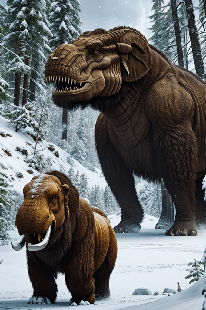 Tyrannosaurus and Woolly Mammoth Coexisting in a snowy area with a jungle sector.