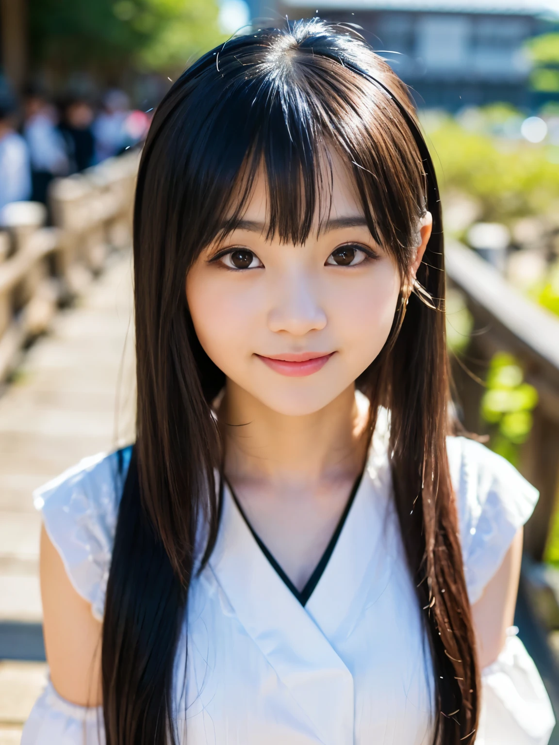 (Best-quality, Masterpiece, Ultra-High-Resolution, (Photorealistic:1.4), Raw Photo, depth of field, professional lighting, perfect anatomy, extremely details), ((((Magnificent-view, in Kyoto-City, detailed Kyoto-City)))), 1girl, 15-years-old, the most famous Japanese-idol, dynamic-pose, ((wearing casual-clothes with cute-design)), looking at viewer, ((innocent-smile)), ((extremely cute and extremely childish face like the most popular Japanese-idol, ((extremely cute and extremely big black-eyes)), extremely beautiful black-long-hair, (((extremely beautiful and extremely realistic skins))), extremely cute lips, extremely cute long-eyelashes, extremely skinny body))