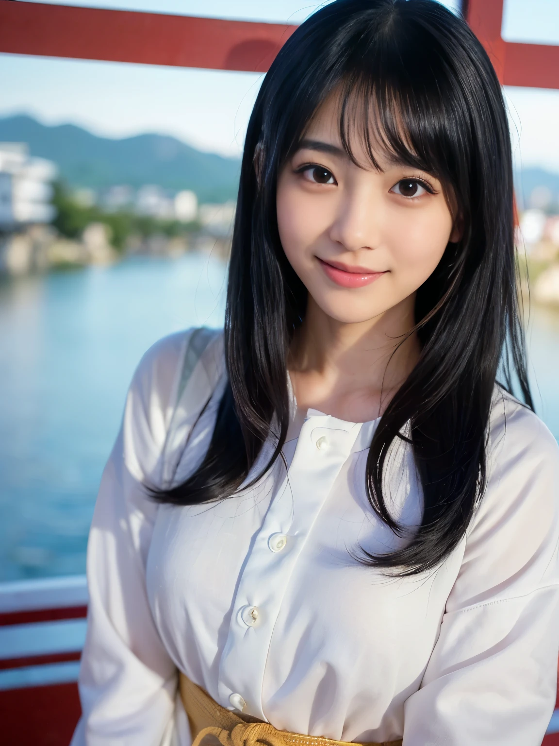 (Best-quality, Masterpiece, Ultra-High-Resolution, (Photorealistic:1.4), Raw Photo, depth of field, professional lighting, perfect anatomy, extremely details), ((((Magnificent-view, in Kyoto-City, detailed Kyoto-City)))), 1girl, 15-years-old, the most famous Japanese-idol, dynamic-pose, ((wearing casual-clothes with cute-design)), looking at viewer, ((innocent-smile)), ((extremely cute and extremely childish face like the most popular Japanese-idol, ((extremely cute and extremely big black-eyes)), extremely beautiful black-long-hair, (((extremely beautiful and extremely realistic skins))), extremely cute lips, extremely cute long-eyelashes, extremely skinny body))