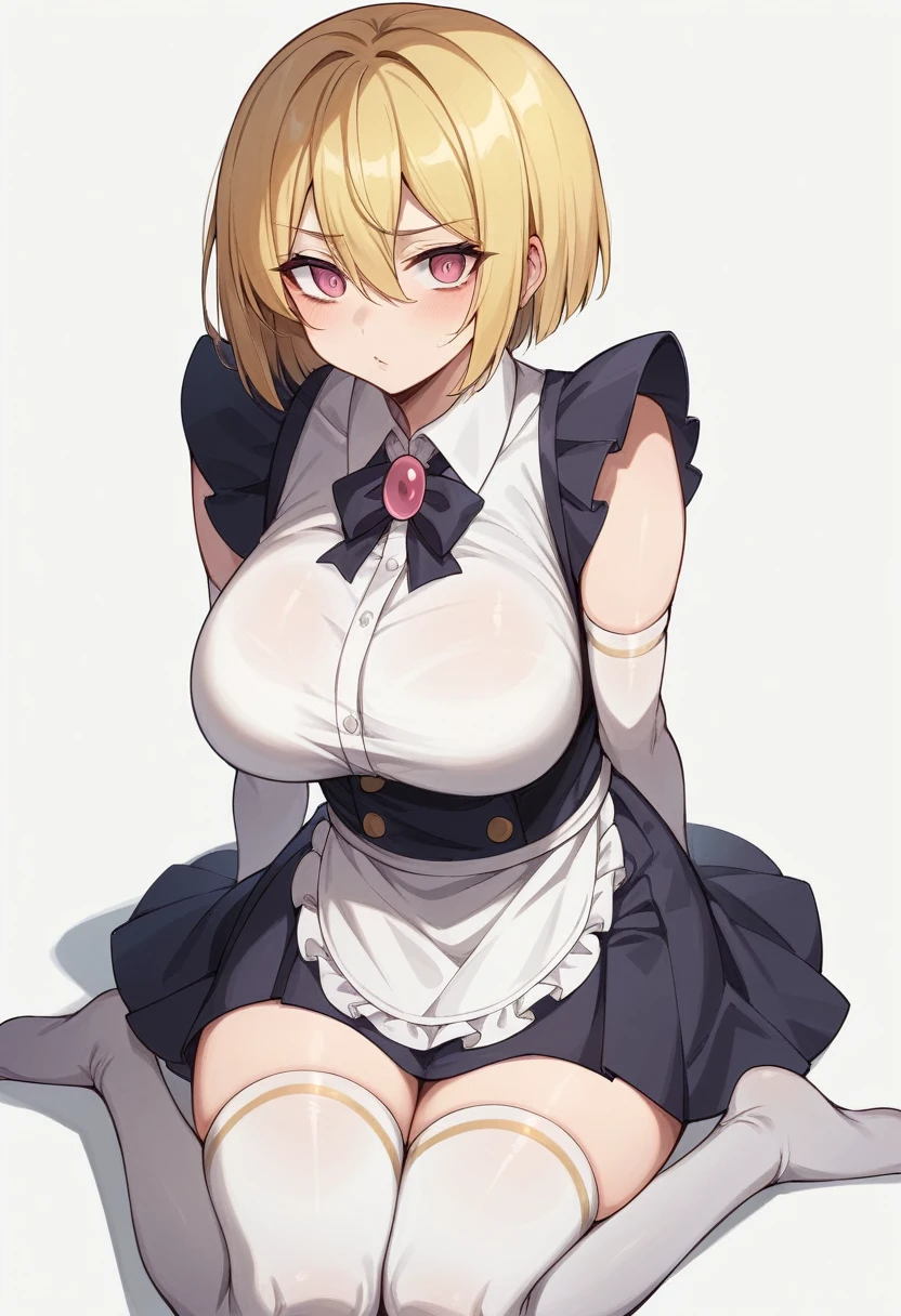 One girl)、(bob cut)、((Blonde))、（Sato Air）、(slan eyes)、（boyish）、cute、(Big super breasts)、Chubby、Maid clothes、No sleeve、mini skirt、White sleeveless、thigh-high socks thighhighs、(long gloves)、hairs between eyes、(coarse hair)、flipped hair、pink eye、(say)、Troubled face、Close your left eye、arm behind back、White Background
