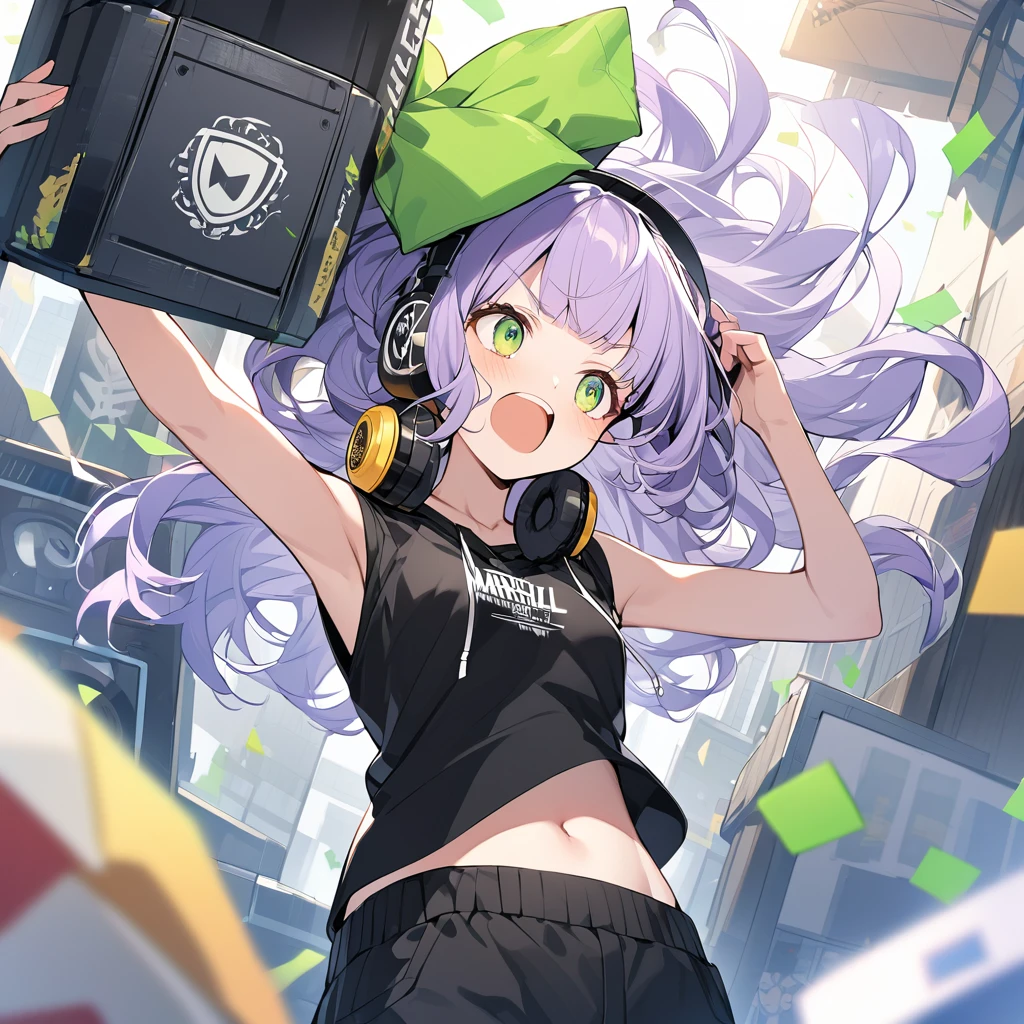 The girl closes her eyes and shouts loudly,pale-purple hair, a dynamic angle, wavy hair blowing in the wind, blunt bangs hair, black and green eyes,small breast, A black tank top showing her slim belly, black drawstring pants, The headphones are square-shaped, have the Marshall logo on the head, and the girl is wearing the headphones around her neck.