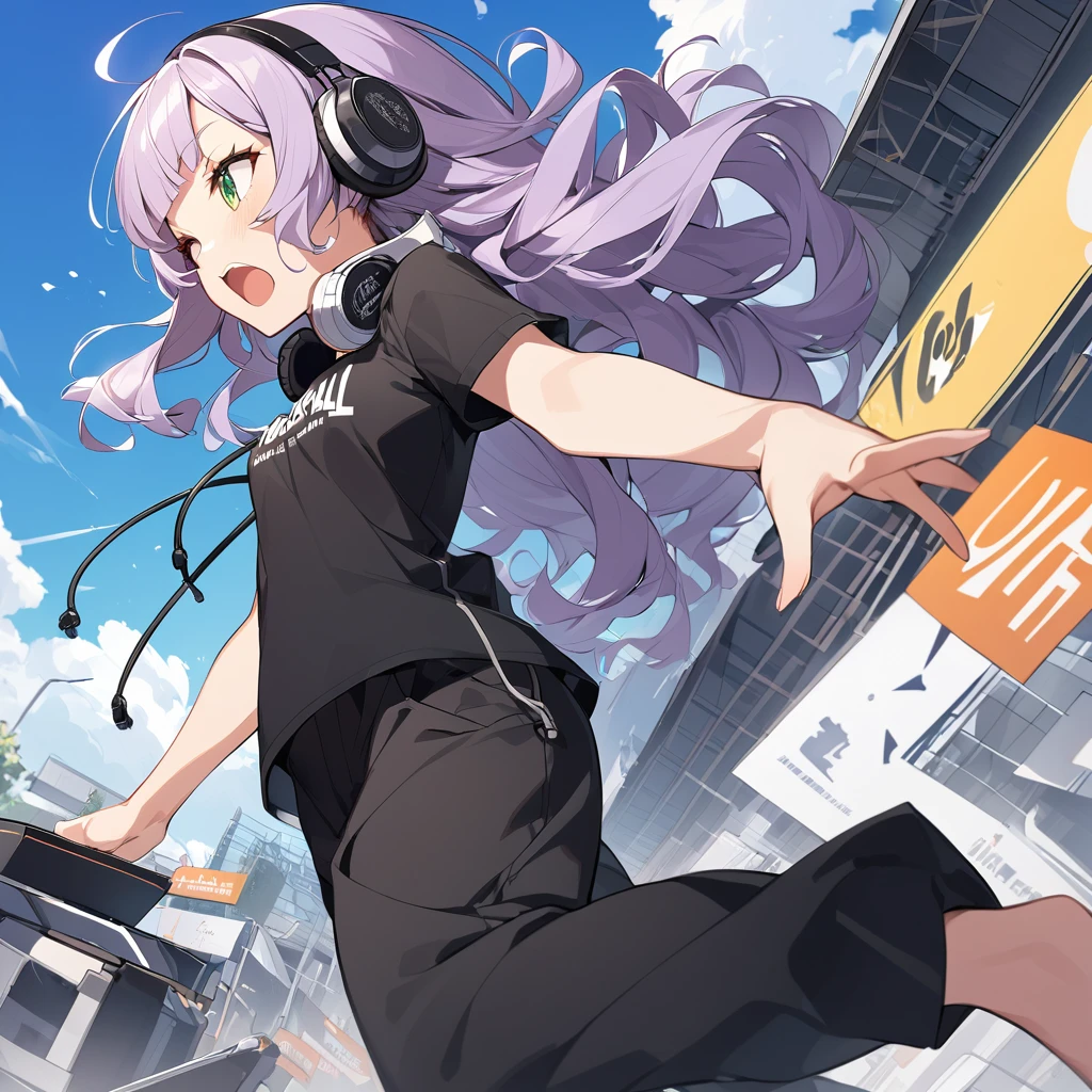 The girl closes her eyes and shouts loudly,pale-purple hair, a dynamic angle, wavy hair blowing in the wind, blunt bangs hair, black and green eyes,small breast, A black tank top showing her slim belly, black drawstring pants, The headphones are square-shaped, have the Marshall logo on the head, and the girl is wearing the headphones around her neck.