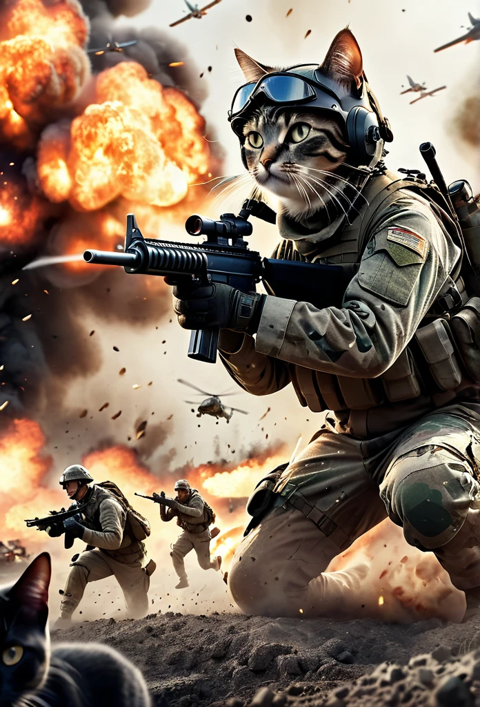 cinematic photo, realistic, modern battlefield cats versus humans, cats wearing modern combat camouflage uniforms, fighting on battlefield, guns, shots, fire, smoke, explosion, flying parts, film grain, 8k, uhd, insane detailed, award-winning photo, epic composition, movie poster