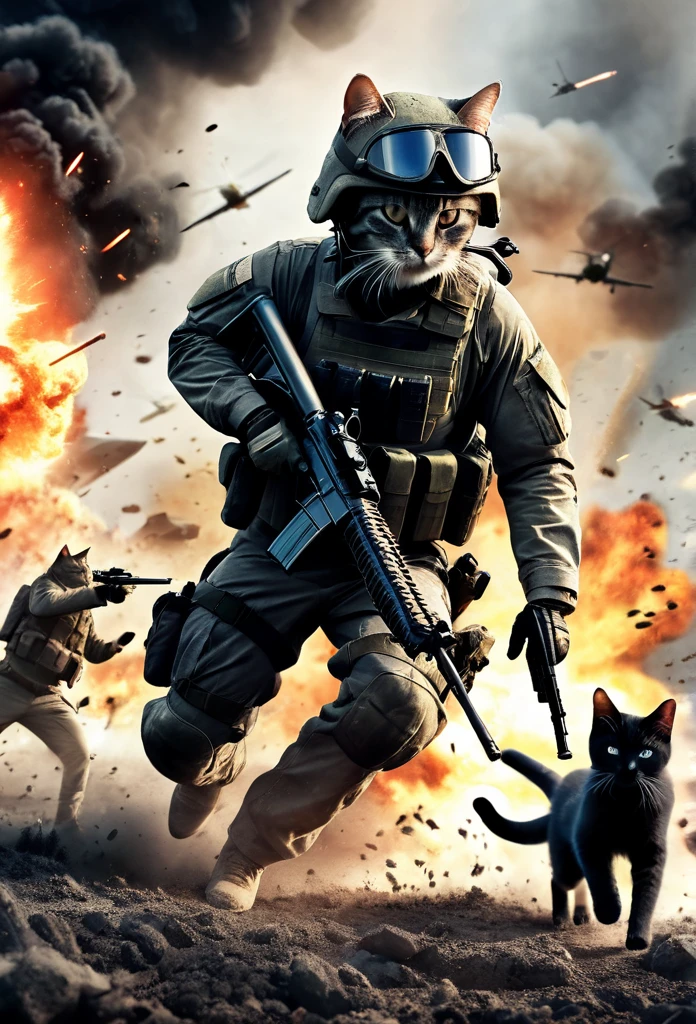 cinematic photo, realistic, modern battlefield cats versus humans, cats wearing modern combat camouflage uniforms, fighting on battlefield, guns, shots, fire, smoke, explosion, flying parts, film grain, 8k, uhd, insane detailed, award-winning photo, epic composition, movie poster