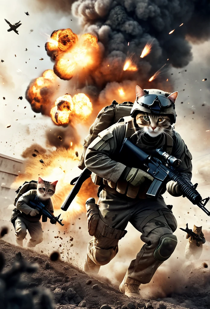 cinematic photo, realistic, modern battlefield cats versus humans, cats wearing modern combat camouflage uniforms, fighting on battlefield, guns, shots, fire, smoke, explosion, flying parts, film grain, 8k, uhd, insane detailed, award-winning photo, epic composition, movie poster