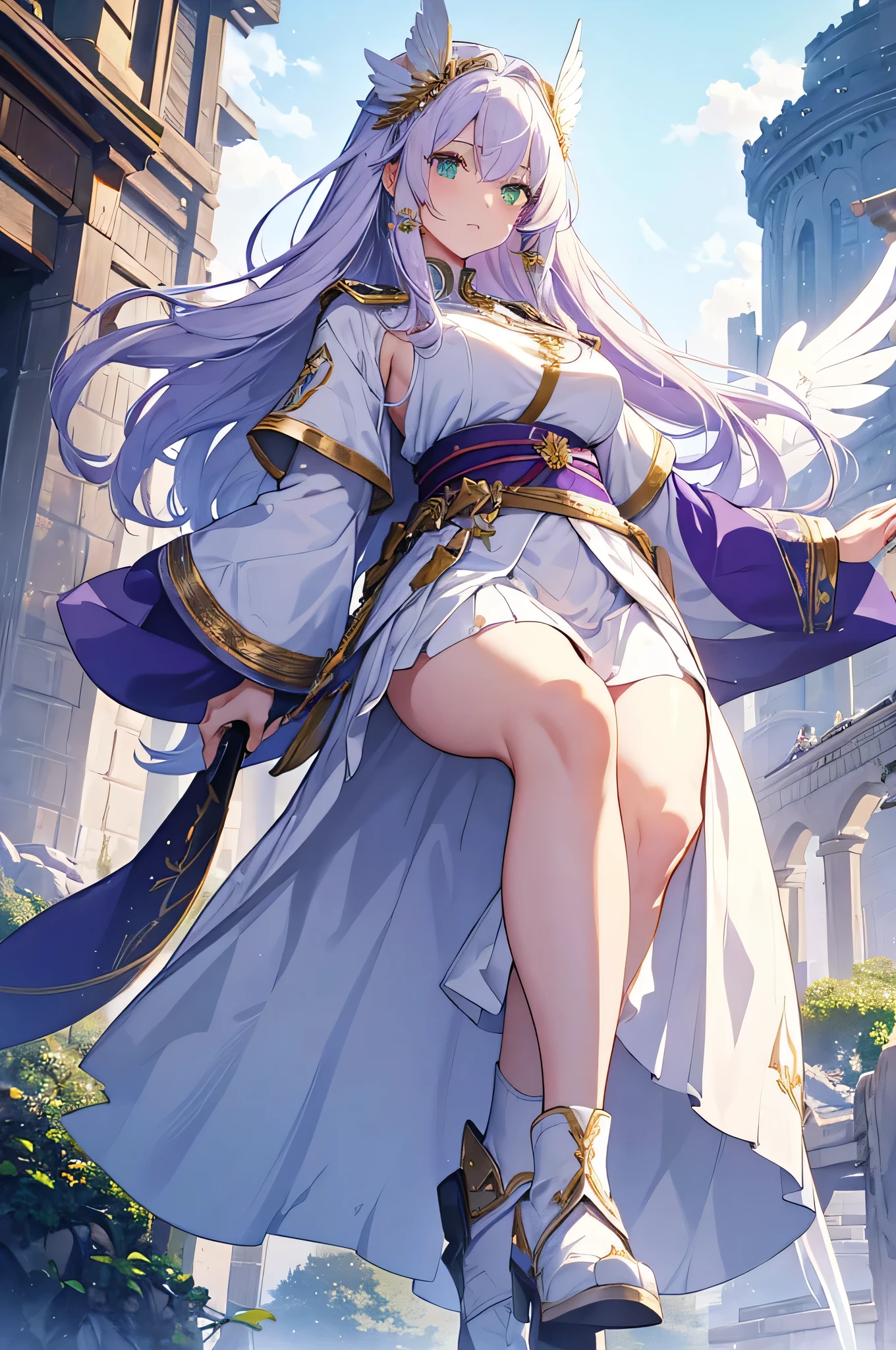 4K,High resolution,One Woman,White purple hair,long hair,Green Eyes,Big Breasts,Valkyrie,White sacred armor,White Skirt,White shoes,Gutter Belt,Winged headgear,Jewelry decoration,Gold decoration,Big Japan sword,Castle in the Sky