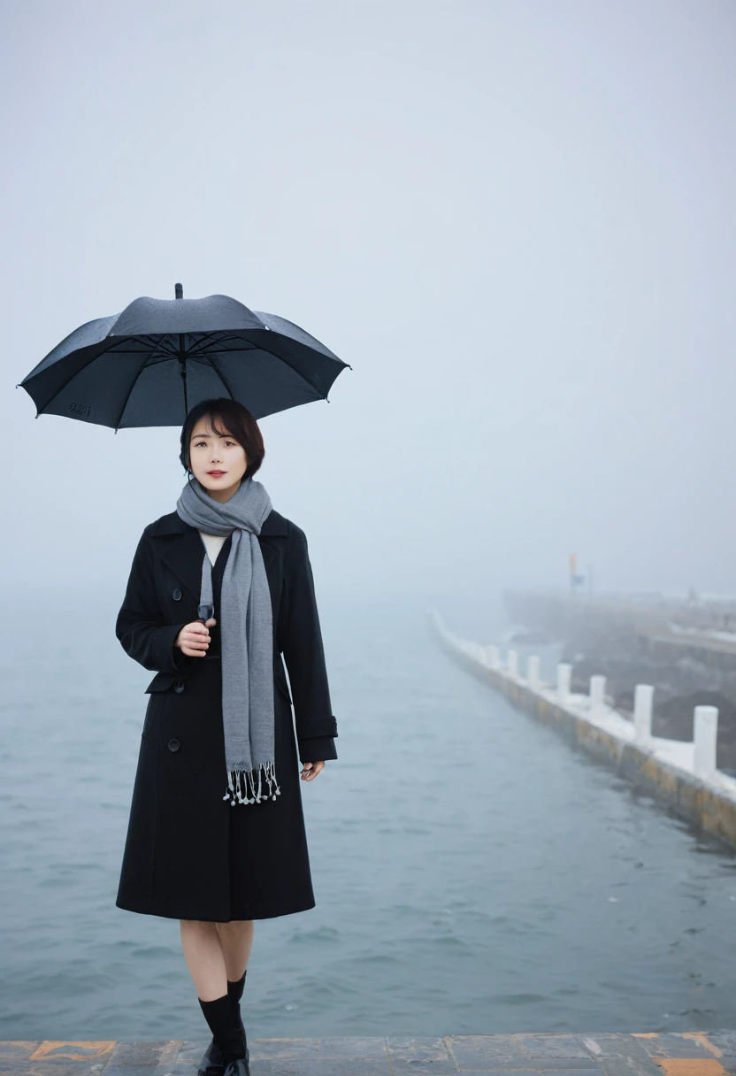 8k, Vivid picture quality, Beautiful 36-year-old Korean woman, short medium hair, rain, Fog, blur, ocean, tide, boring, umbrella, only, breakwater, dark, Coast, Black coat, scarf, 짙은 Fog가 끼어있다.