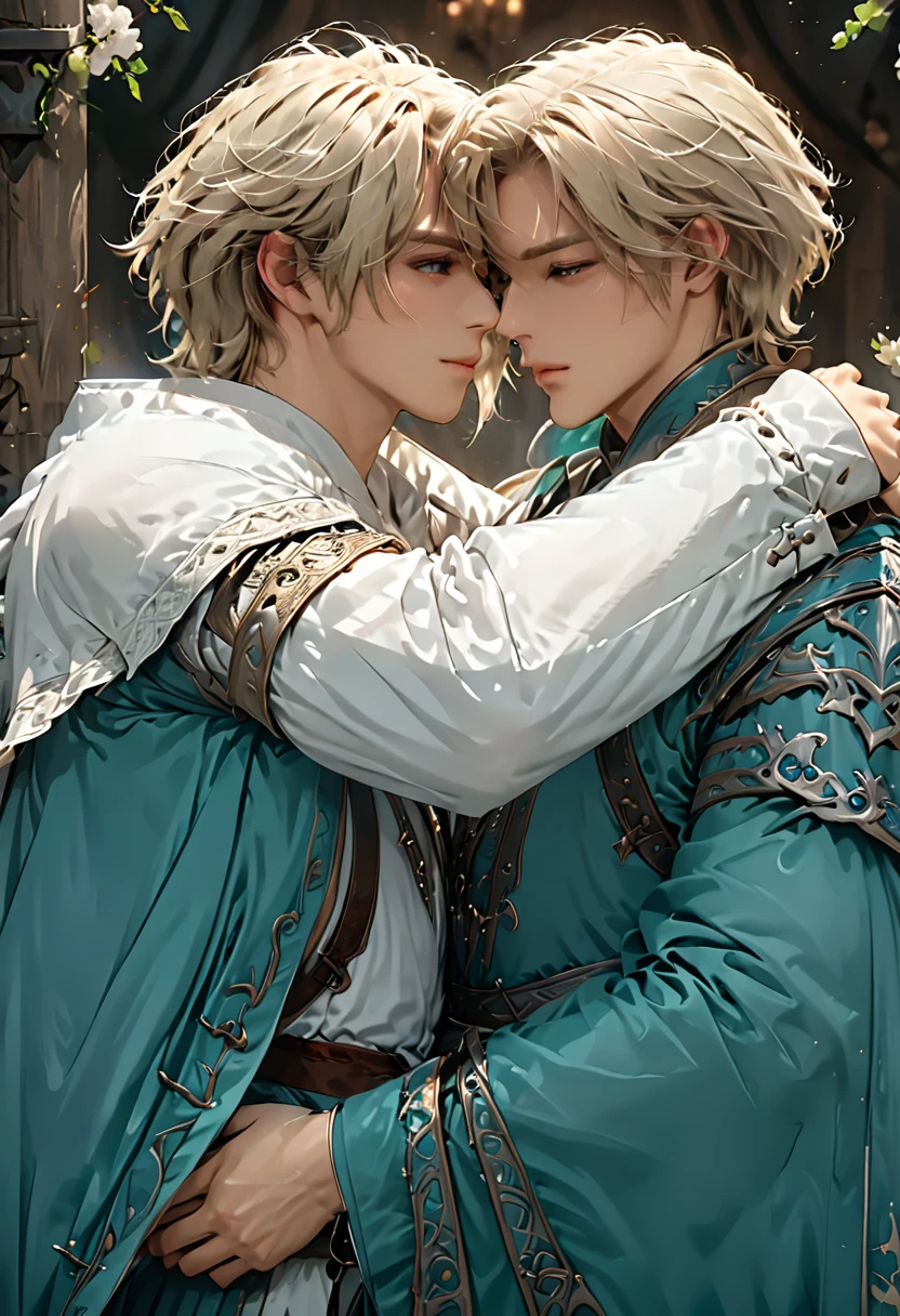 2 sexy males 25 year old, anime elves in a sensual pose medieval poster bed kissing under the sheer sheets, kissing each other, long blond/black hair, perfect intimate position, perfect composition, perfect hands and face, masterpiece, aqua color, UHD, 32k,