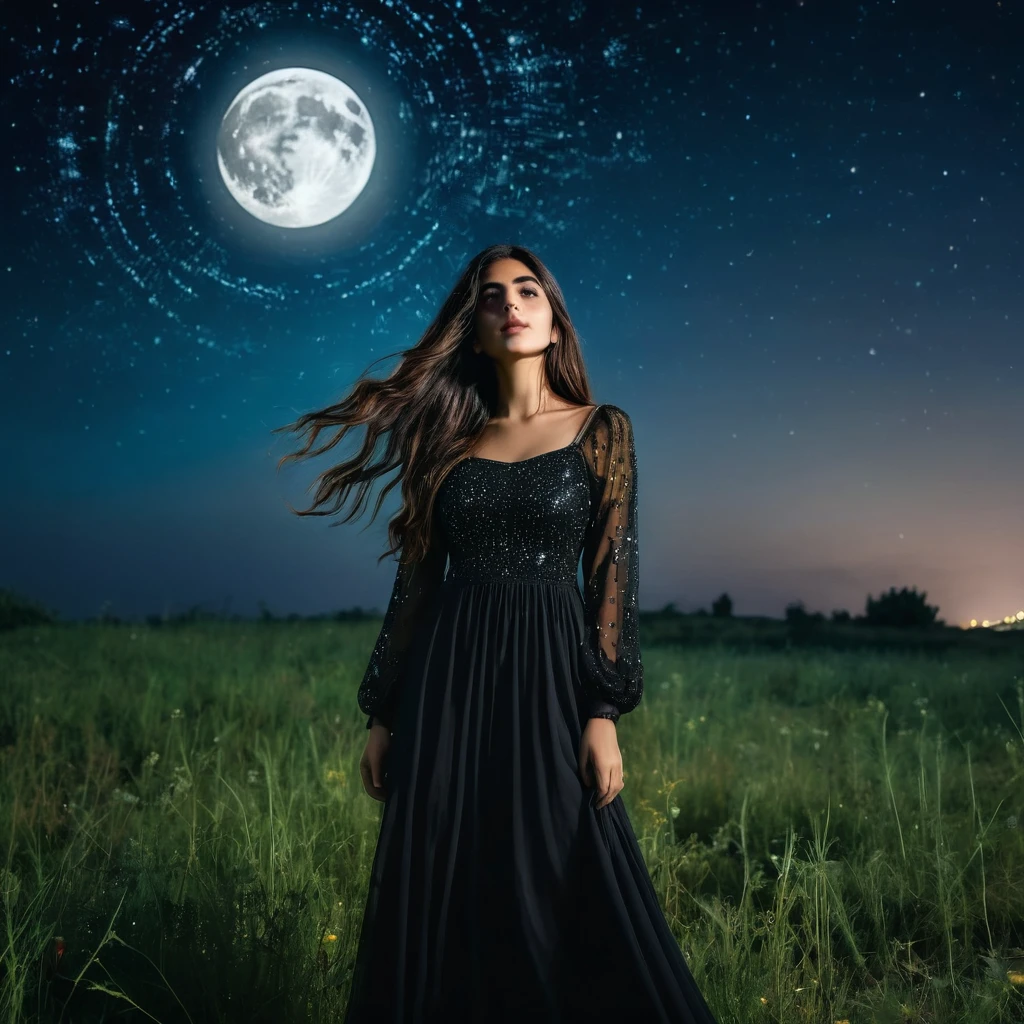 beautiful lebanese girl with a very long hair wearing black dress standing in the meadow in moon light, looking to the stars, psychedelic, dreamy, cinematic