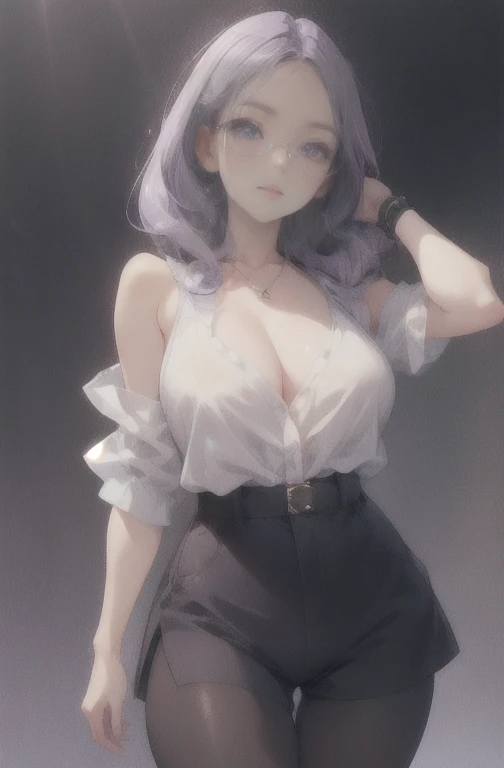 1 girl, standing alone, long hair, gazing at viewer, ssmile, breasts big, chemise, mitts, neckleace, bared shoulders, jewerly, purples eyes, cabelo roxo, pantyhose, aretes, shorts, oculos de sol, Glasses on the head, purple backdrop, round glasses, purple mitts,