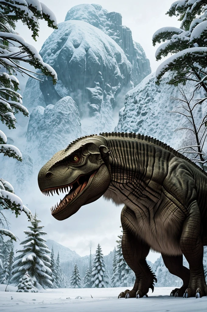 Tyrannosaurus Rex living in a snowy area with a jungle sector.