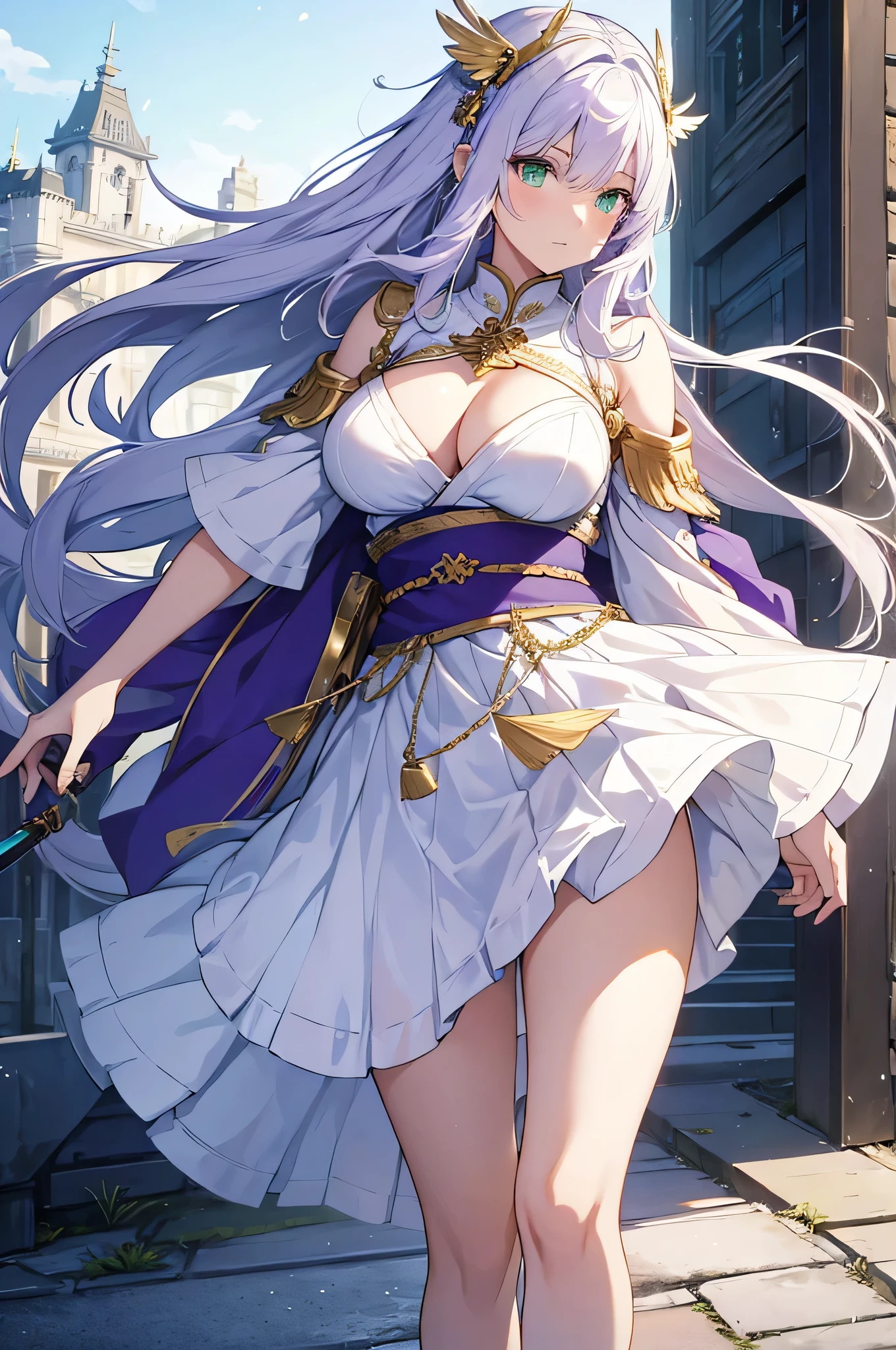 4K,High resolution,One Woman,White purple hair,long hair,Green Eyes,Big Breasts,Valkyrie,White sacred armor,White Skirt,White shoes,Gutter Belt,Winged headgear,Jewelry decoration,Gold decoration,Big Japan sword,Castle in the Sky