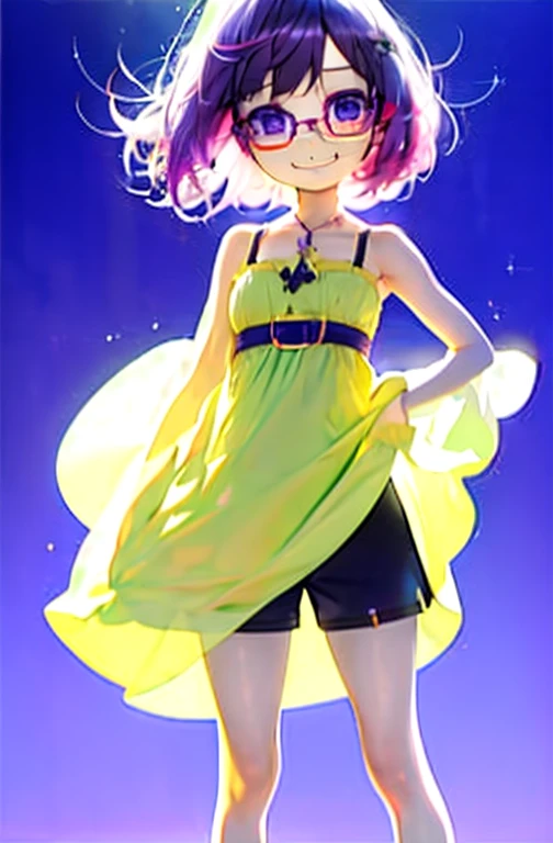 1 girl, standing alone, long hair, gazing at viewer, ssmile, breasts big, chemise, mitts, neckleace, bared shoulders, jewerly, purples eyes, cabelo roxo, pantyhose, aretes, shorts, oculos de sol, Glasses on the head, purple backdrop, round glasses, purple mitts,
