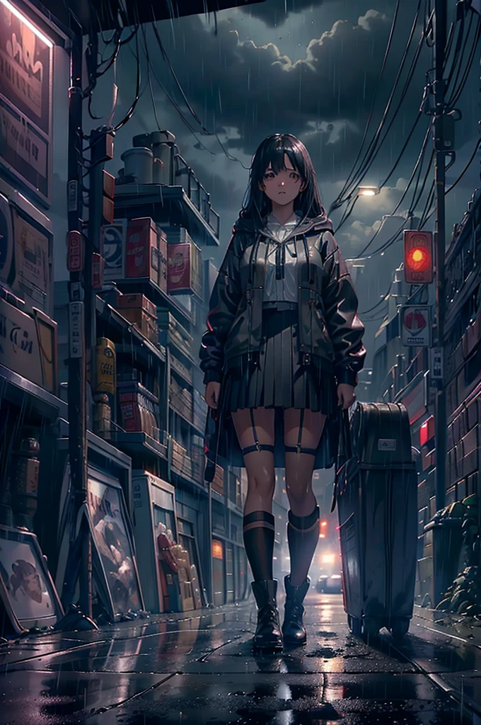 8k,masterpiece,Highest quality,Hyper Detail,Realistically,Highly detailed face,Cinema Lighting,Raytracing,Hair without lighting,
Cloudy road,corner store,fog and heavy rain,Black man with long hair and dark eyes,Girl standing in the middle of the road,She was wearing a black convertible hooded jacket.,White blouse,Black short skirt and black garter belt,Student boots,Rain-soaked clothes,depth of field tent ),cinema lens lighting,