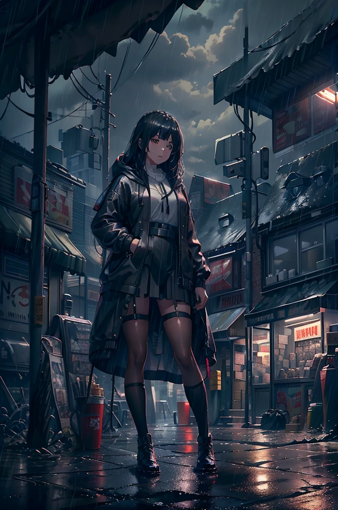 8k,masterpiece,Highest quality,Hyper Detail,Realistically,Highly detailed face,Cinema Lighting,Raytracing,Hair without lighting,
Cloudy road,corner store,fog and heavy rain,Black man with long hair and dark eyes,Girl standing in the middle of the road,She was wearing a black convertible hooded jacket.,White blouse,Black short skirt and black garter belt,Student boots,Rain-soaked clothes,depth of field tent ),cinema lens lighting,