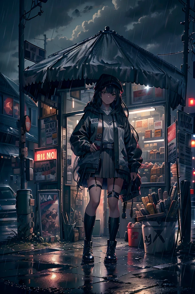 8k，masterpiece，Highest quality，Hyper Detail，Realistically，Highly detailed face，Cinema Lighting，Raytracing，Hair without lighting，
Cloudy road，corner store，fog and heavy rain，Black man with long hair and dark eyes，Girl standing in the middle of the road，She was wearing a black convertible hooded jacket.，White blouse，Black short skirt and black garter belt，Student boots，Rain-soaked clothes，depth of field tent ），cinema lens lighting，