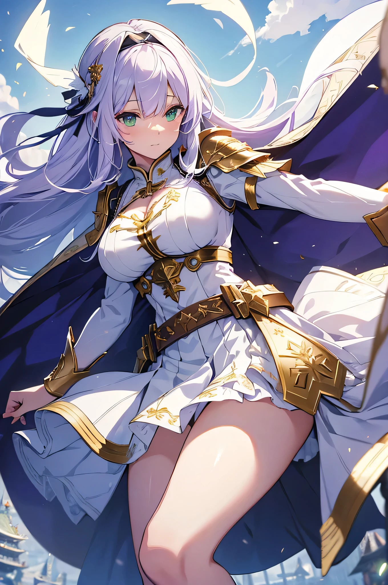 4K,High resolution,One Woman,White purple hair,long hair,Green Eyes,Big Breasts,Valkyrie,White sacred armor,Full Armor,White Skirt,White shoes,Gutter Belt,Hair band with wings,Jewelry decoration,Gold decoration,Big Japan sword,Castle in the Sky