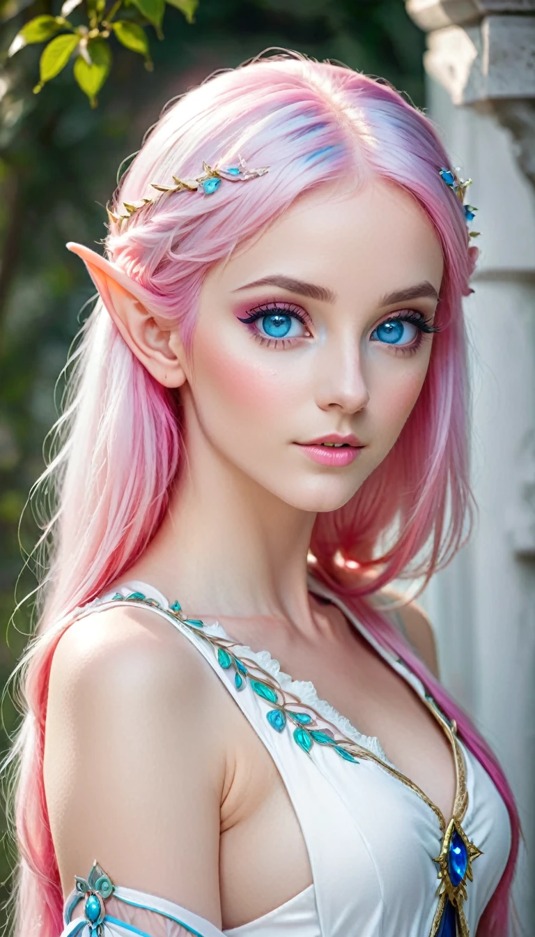beautiful European woman, white, with pink hair, blue eyes, elf, adult