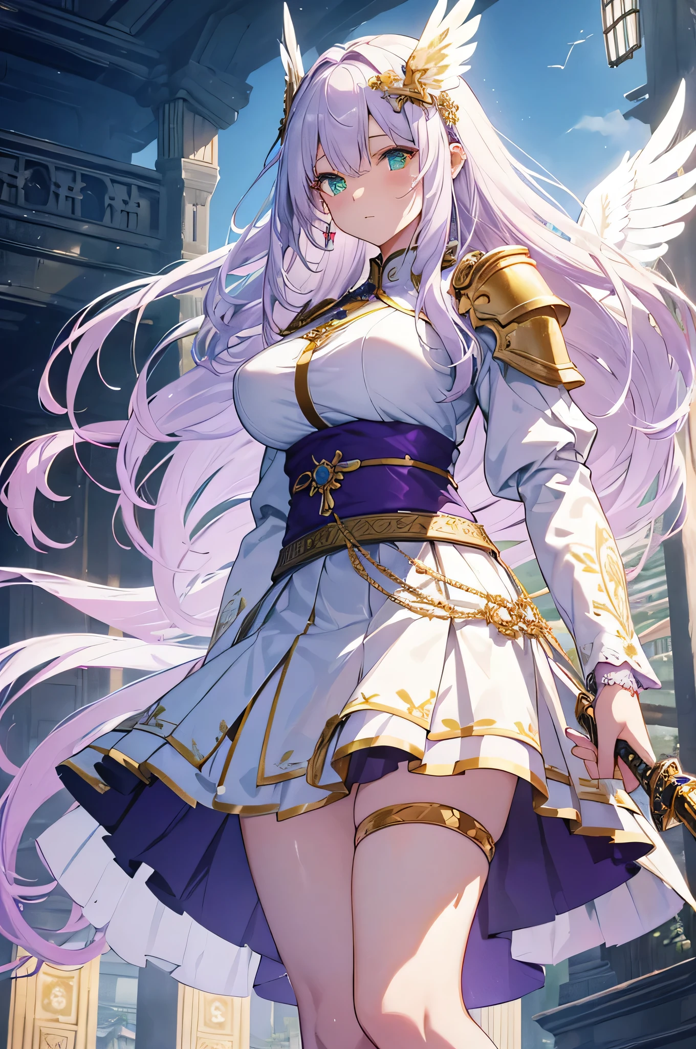 4K,High resolution,One Woman,White purple hair,long hair,Green Eyes,Big Breasts,Valkyrie,White sacred armor,Full Armor,White Skirt,White shoes,Gutter Belt,Winged headgear,Jewelry decoration,Gold decoration,Big Japan sword,Castle in the Sky