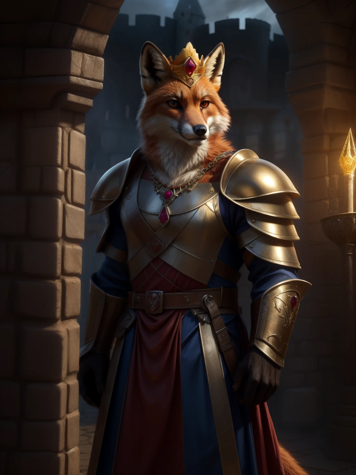 (In a varoque castle, with exterior lighting) Middle Ages, medieval imperial guard with metal armor, red fox head, (with a golden king crown), war marks, metal shoulder pads, ((necklace with a ruby)), Realistic fur, furry fox tail,