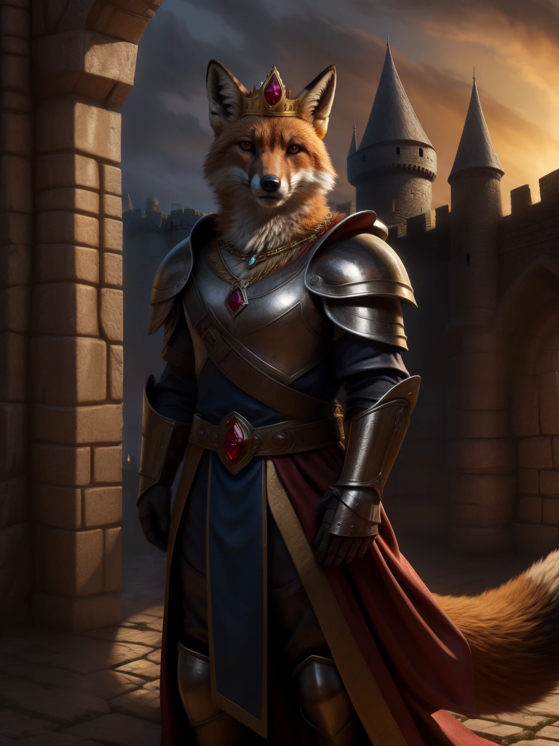 (In a varoque castle, with exterior lighting) Middle Ages, medieval imperial guard with metal armor, red fox head, (with a golden king crown), war marks, metal shoulder pads, ((necklace with a ruby)), Realistic fur, furry fox tail,