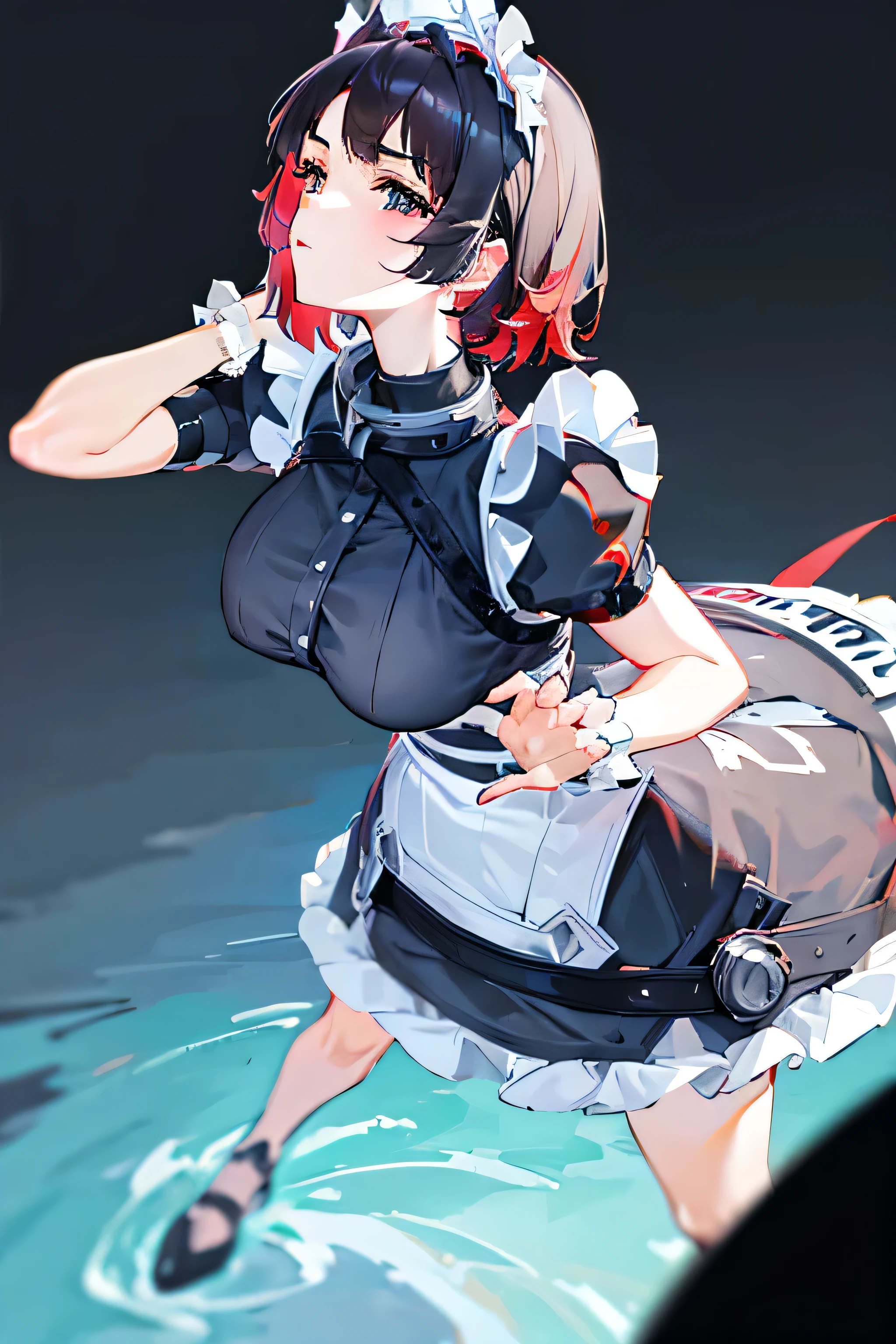 Masterpiece, high resolution, beautiful, perfect body, big breasts, short black hair, red hair under the black hair, ear hoops, dressed as a maid