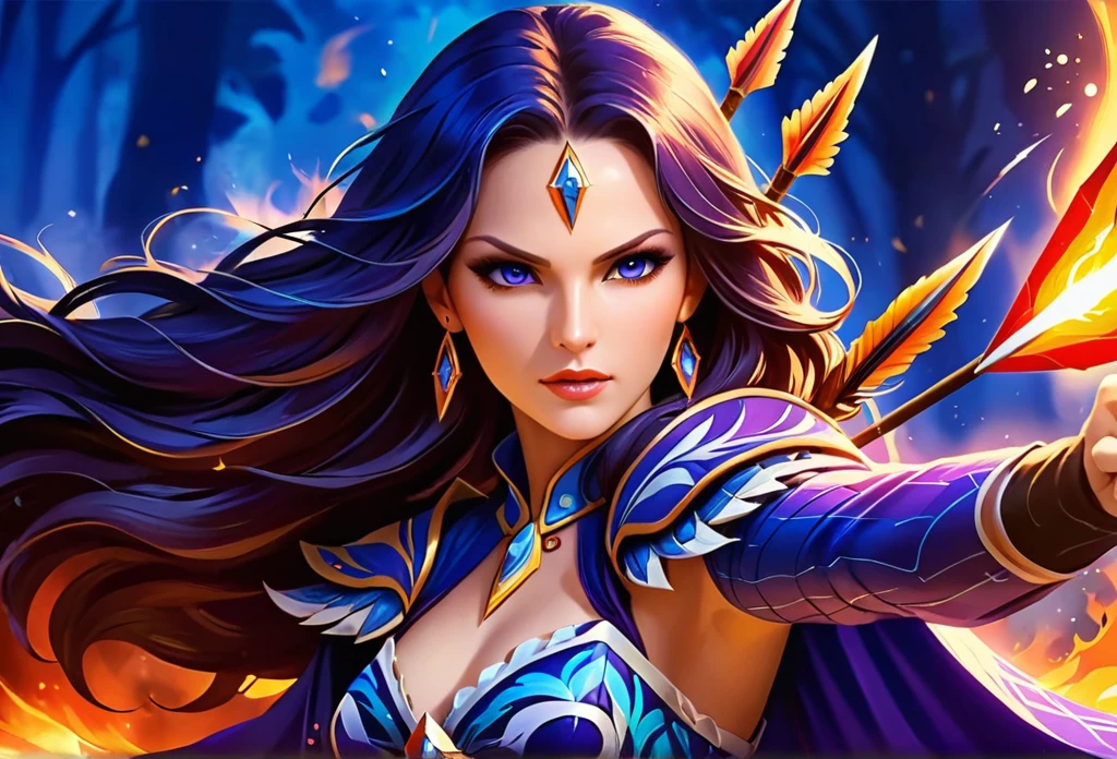 a picture of fire sorceress firing a flaming arrow from a magnificent epic 弓, LnF (elite glamour linda: 1.2), fire sorceress, ultra detaild face,  face perfect, hair blue, long hair, wavy hair, wearing wild glamor dress, intricate dress, purple dress , with fire patterns on it, aiming LnF epic 弓 with a (diamond arrowhead: 1.4),  dynamic 弓, sting pulled to the cheek , arrow ready to be shot, dynamic 弓, sting pulled to the cheek , arrow ready to be shot, it&#39;s night, moon light, stary night, cloudy night,  High details, best qualityer, 16K, [ultra detaild], work of art, best qualityer, (extremely detaild), dynamic LnFgle, full body shot shot, fLnFtasy urbLnF street at night bacground,  ,faize, firing LnFd arrow, 弓 (missiles)