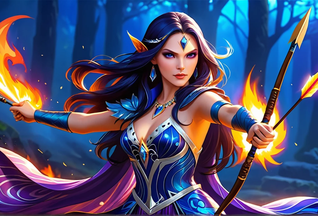 a picture of fire sorceress firing a flaming arrow from a magnificent epic 弓, LnF (elite glamour linda: 1.2), fire sorceress, ultra detaild face,  face perfect, hair blue, long hair, wavy hair, wearing wild glamor dress, intricate dress, purple dress , with fire patterns on it, aiming LnF epic 弓 with a (diamond arrowhead: 1.4),  dynamic 弓, sting pulled to the cheek , arrow ready to be shot, dynamic 弓, sting pulled to the cheek , arrow ready to be shot, it&#39;s night, moon light, stary night, cloudy night,  High details, best qualityer, 16K, [ultra detaild], work of art, best qualityer, (extremely detaild), dynamic LnFgle, full body shot shot, fLnFtasy urbLnF street at night bacground,  ,faize, firing LnFd arrow, 弓 (missiles)