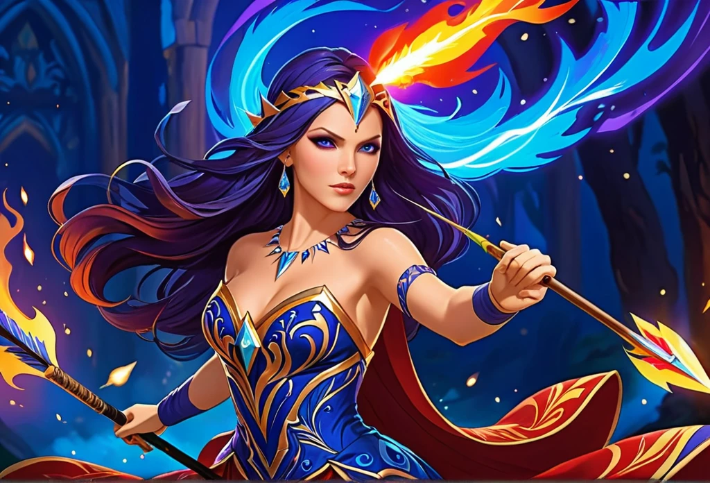 a picture of fire sorceress firing a flaming arrow from a magnificent epic 弓, LnF (elite glamour linda: 1.2), fire sorceress, ultra detaild face,  face perfect, hair blue, long hair, wavy hair, wearing wild glamor dress, intricate dress, purple dress , with fire patterns on it, aiming LnF epic 弓 with a (diamond arrowhead: 1.4),  dynamic 弓, sting pulled to the cheek , arrow ready to be shot, dynamic 弓, sting pulled to the cheek , arrow ready to be shot, it&#39;s night, moon light, stary night, cloudy night,  High details, best qualityer, 16K, [ultra detaild], work of art, best qualityer, (extremely detaild), dynamic LnFgle, full body shot shot, fLnFtasy urbLnF street at night bacground,  ,faize, firing LnFd arrow, 弓 (missiles)
