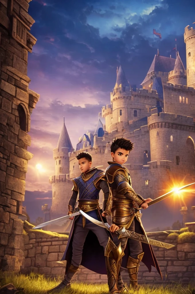 Young prince with light skin and spiky hair with a sword in his hand in front of a castle with a sad expression