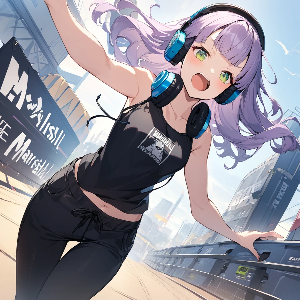 The girl closes her eyes and shouts loudly,pale-purple hair, a dynamic angle, wavy hair blowing in the wind, blunt bangs hair, black and green eyes,small breast, A black tank top showing her slim belly, black drawstring pants, The headphone is square-shaped, have the Marshall logo on the head, and the girl is wearing the headphones around her neck.