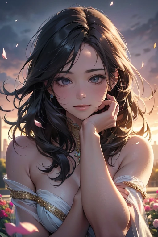,(best quality,4k,8k,highres,masterpiece:1.2),ultra-detailed,(realistic,photorealistic,photo-realistic:1.37),oil painting,portrait,colorful,pastel colors,soft lighting,flower garden,serene atmosphere,captivating smile,pure and innocent,golden hour,slightly blurred background,vivid colors,happy expression,long flowing gray black hair,graceful pose,natural lighting,floating petals,dreamy ambiance,gentle breeze,delicate features