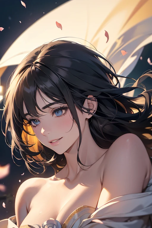 ,(best quality,4k,8k,highres,masterpiece:1.2),ultra-detailed,(realistic,photorealistic,photo-realistic:1.37),oil painting,portrait,colorful,pastel colors,soft lighting,flower garden,serene atmosphere,captivating smile,pure and innocent,golden hour,slightly blurred background,vivid colors,happy expression,long flowing gray black hair,graceful pose,natural lighting,floating petals,dreamy ambiance,gentle breeze,delicate features