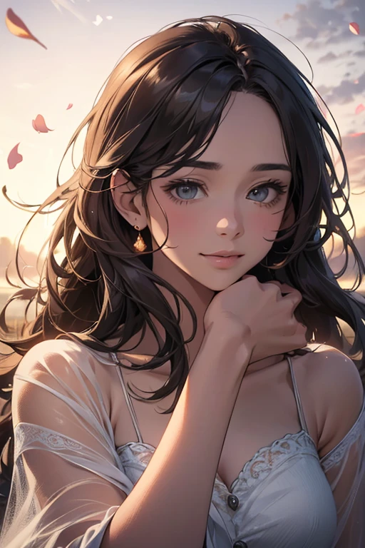 ,(best quality,4k,8k,highres,masterpiece:1.2),ultra-detailed,(realistic,photorealistic,photo-realistic:1.37),oil painting,portrait,colorful,pastel colors,soft lighting,flower garden,serene atmosphere,captivating smile,pure and innocent,golden hour,slightly blurred background,vivid colors,happy expression,long flowing gray black hair,graceful pose,natural lighting,floating petals,dreamy ambiance,gentle breeze,delicate features