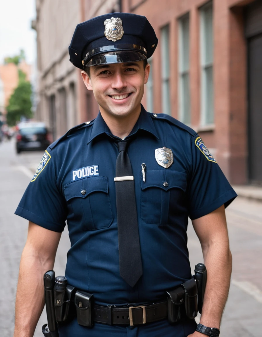 Young fit body police cop. He IS wearing a extremely tight police uniforme that extol his body. He IS looking friendly to another man with a slight smile
