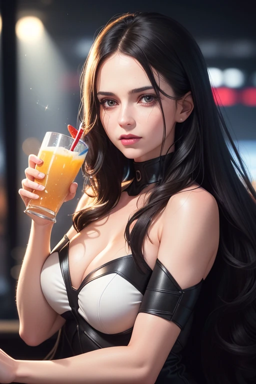 a woman with long, messy black hair down to her shoulders, brown eyes, thin lips, round face, large breasts, wearing a Batwoman uniform, serving drinks, nightclub setting, full of people, little lighting, (best quality, 4k, 8k, high resolution, masterpiece: 1.2), ultra-detailed, (realistic, photorealistic, photorealistic: 1.37), anatomy, scientific, precise, hyperrealistic, intricate details, vivid colors, cinematic lighting, volumetric lighting, depth of field, photo rendering -realist