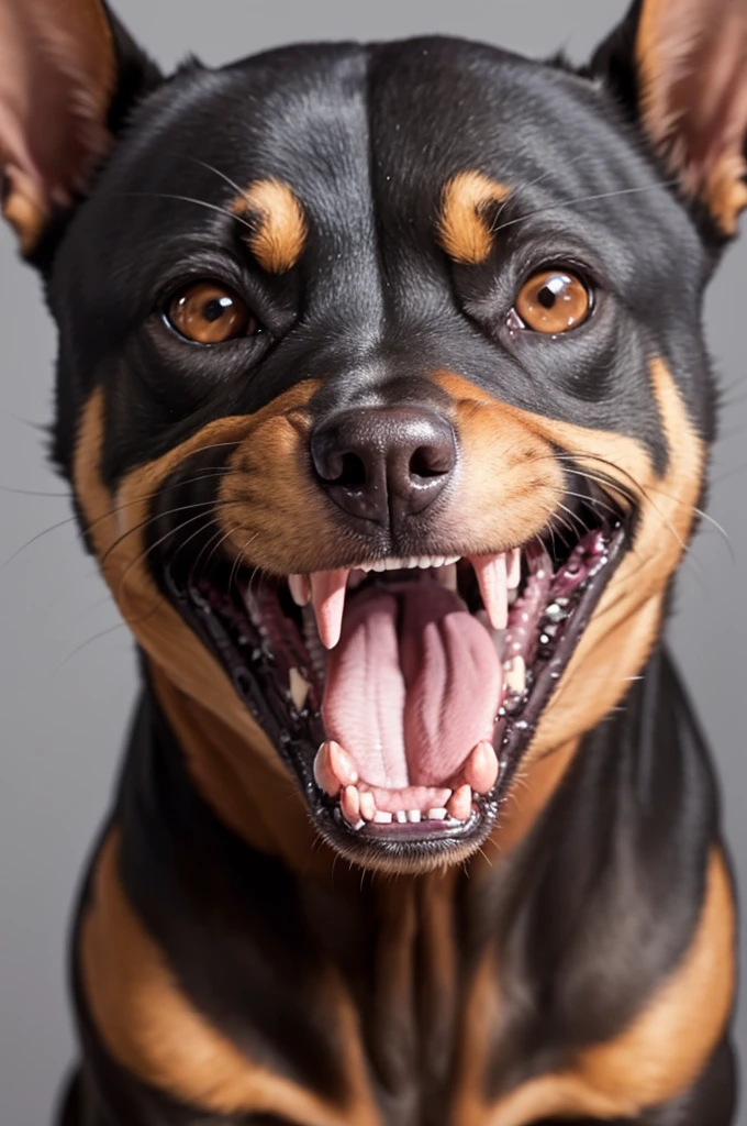angry pinscher facing the camera with his mouth open mad