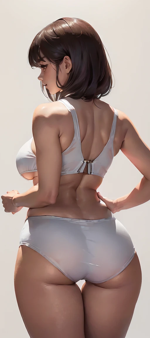 1lady solo, 28 year old mature woman, (looking up) from above, /(waitress/), /(dark brown hair/) bangs, blush light smile, (masterpiece best quality:1.2) delicate illustration ultra-detailed, (((White Background))) , looking at viewer, darker shadows, (((absurdres))), (((underboob))), (((sleeveless))), (((unbuckled))), (((ulzzang))), (((thigh gap))), (((very embarrassed))), (((mascara))), (((hands up surrender))), (((clenched fist))), (((feminine))), (((cinematic lighting))), ((())), curvy figure))((looking back, backside, POV from back))