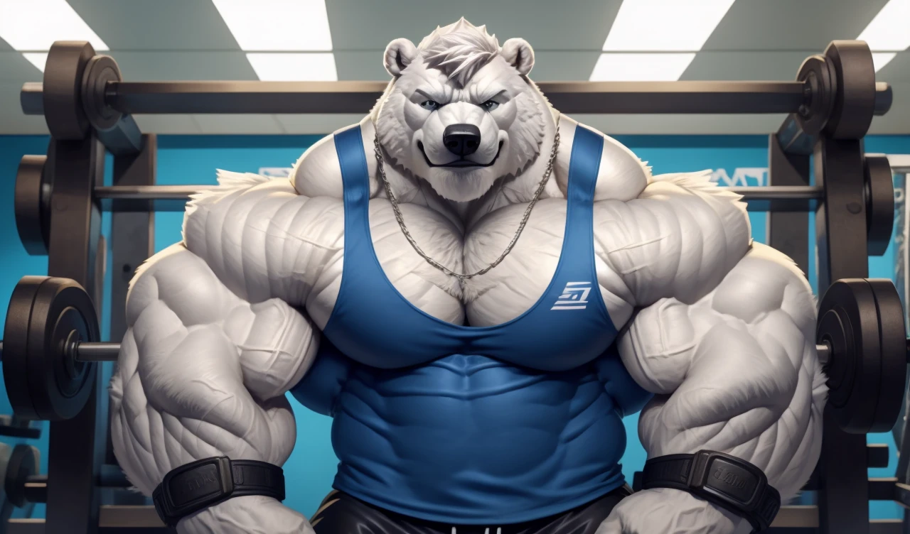 Brock Ólafsson The Huge Muscled Polar Bear, with White Hair, Blue Tank Top, Black Wristbands and Black Gym Shorts, Flexing His Thorax.