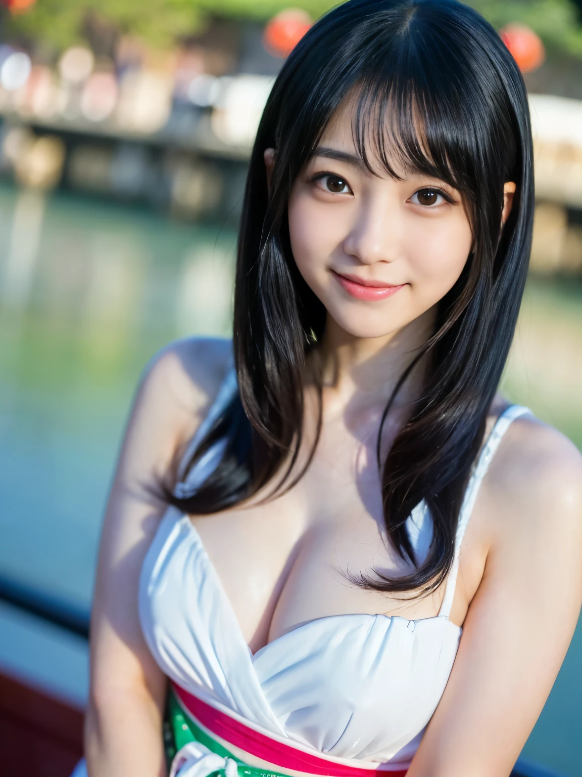 (Best-quality, Masterpiece, Ultra-High-Resolution, (Photorealistic:1.4), Raw Photo, depth of field, professional lighting, perfect anatomy, extremely details), ((((Magnificent-view, in Kyoto-City, detailed Kyoto-City)))), 1girl, 15-years-old, the most famous Japanese-idol, dynamic-pose, ((wearing summer-clothes with cute-design)), looking at viewer, ((innocent-smile)), ((extremely cute and extremely childish face like the most popular Japanese-idol, ((extremely cute and extremely big black-eyes)), extremely beautiful black-long-hair, (((extremely beautiful and extremely realistic skins))), extremely cute lips, extremely cute long-eyelashes, extremely skinny body))