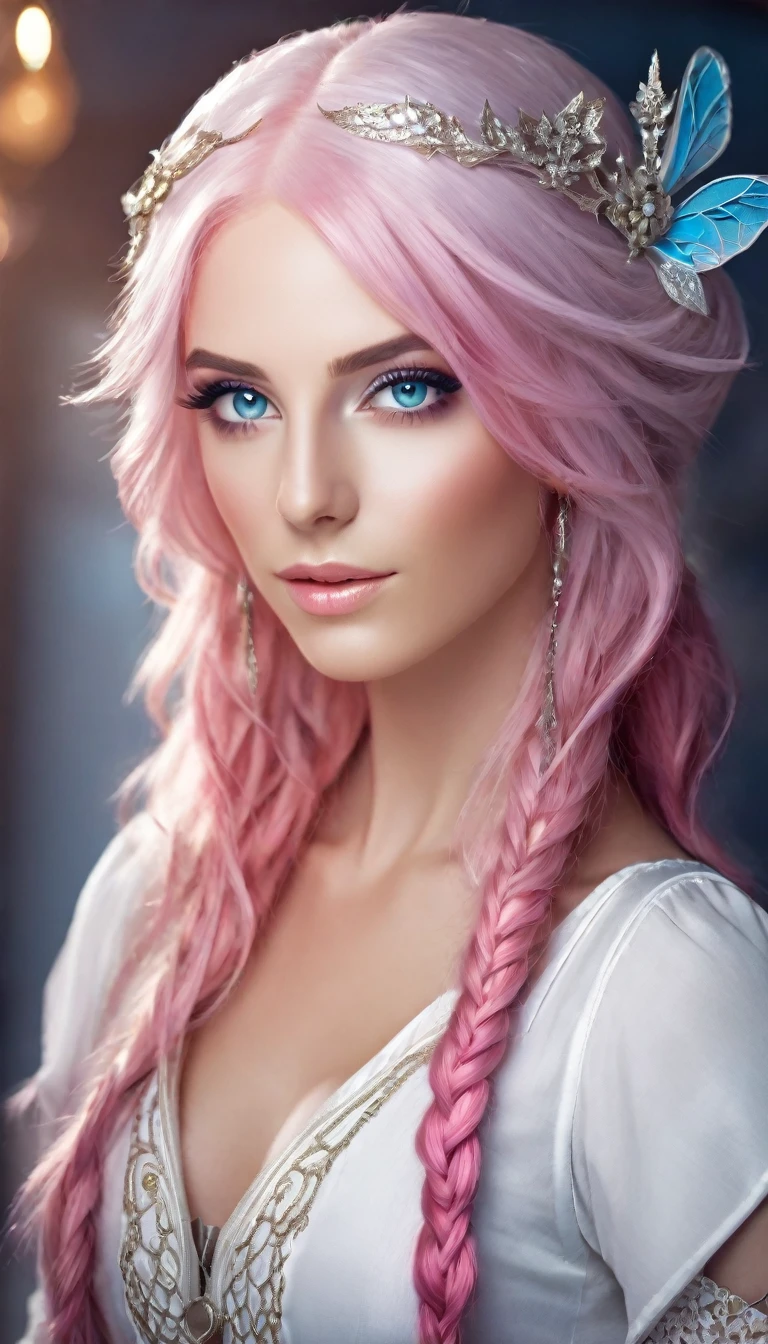 beautiful European woman, white, with pink hair, blue eyes, elf, adult