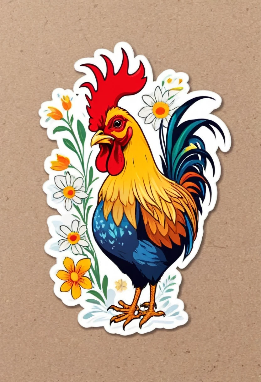 sticker, rectangular with flowers, colorful illustration of the barcelos rooster in the center, Paint splashes and stains, ultra detaild, drawning detalhado, vectorised, 8k, design de sticker profissional, flat design, vector lines, sticker, drawning, drawning, Full HD