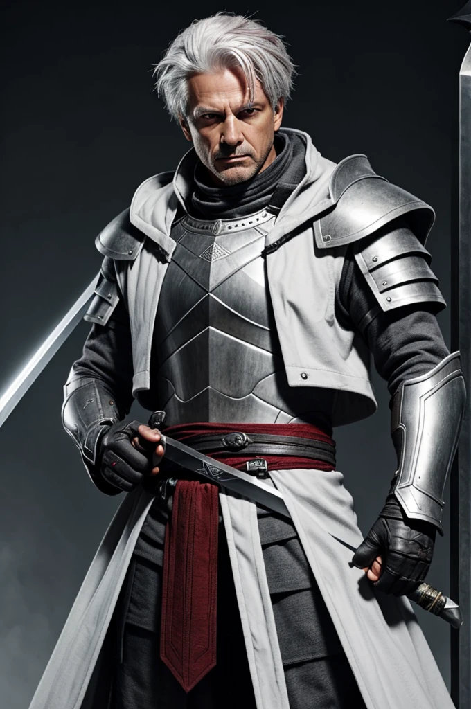 Imposing matte gray armor, white coat, Red eyes, Grey hair, big sword