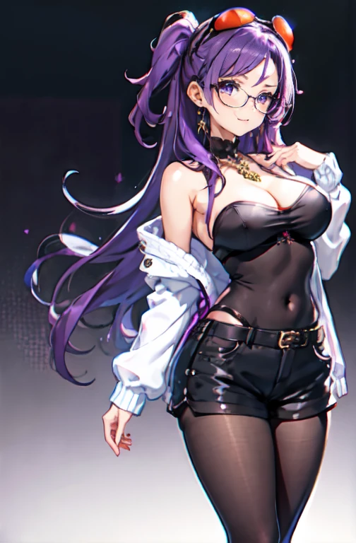 1 girl, standing alone, long hair, gazing at viewer, ssmile, breasts big, chemise, mitts, neckleace, bared shoulders, jewerly, purples eyes, cabelo roxo, pantyhose, aretes, shorts, oculos de sol, Glasses on the head, purple backdrop, round glasses, purple mitts, 