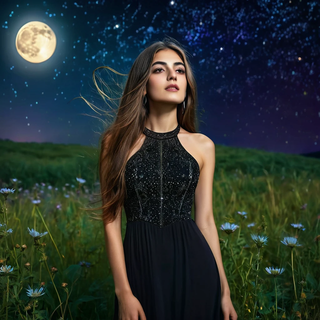 beautiful lebanese girl with a very long hair wearing black dress standing in the meadow in moon light, looking to the stars, psychedelic, dreamy, cinematic