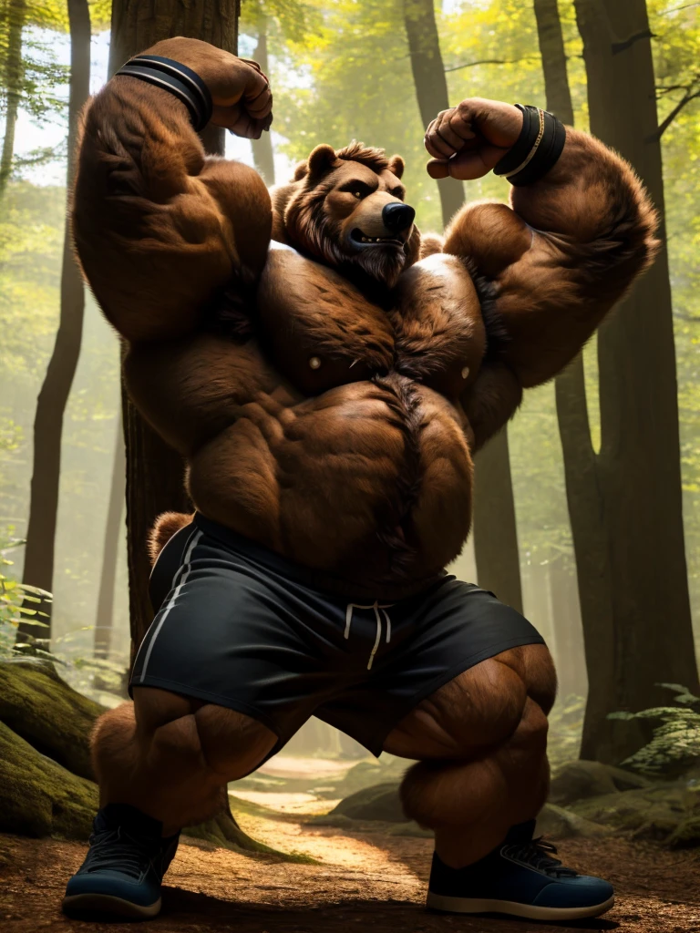 chubby Grizzly Bear adventure in forest, brown fur, thick arm, huge arm, bearded. brown hair and brown beard, bearded, muscular, pectoral, wide pectoral, realistic, 8k, masterpiece, (wearing black shorts, wristbands and shirtless:1.3, topless, shoes) stretching his body muscles